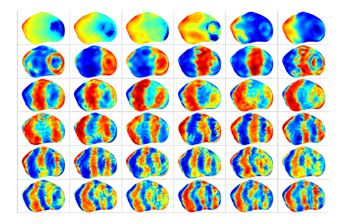 A grid of AstroSeis simulations showing frequency-dependent seismic wavefields across irregular planetary bodies.