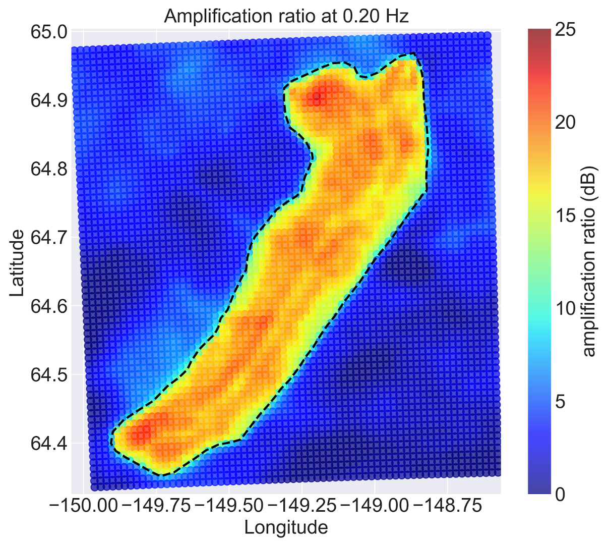 Map of modeled amplification at 0.20 Hz in Nenana basin, central Alaska. Warmer colors indicate greater amplification, with a decibel color scale.